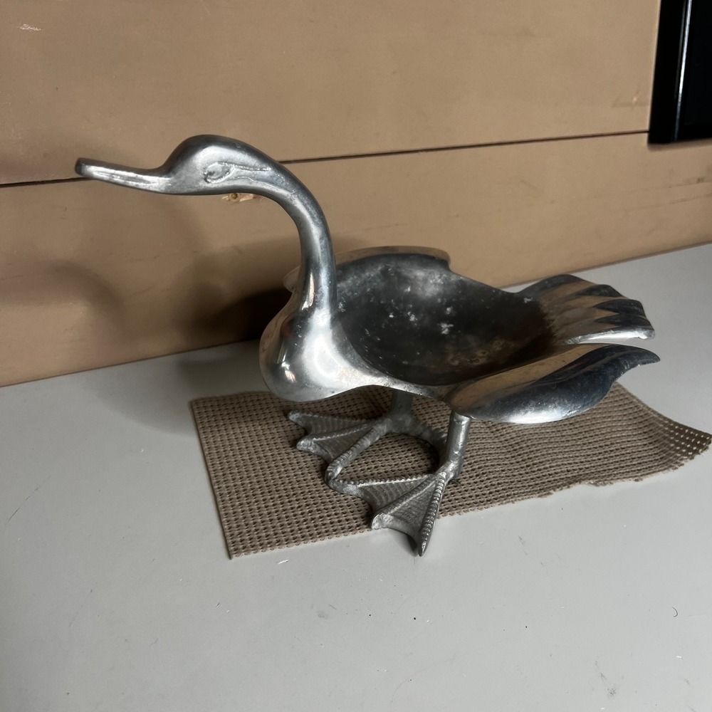 Vintage Silver Metal Goose Figurine Bowl Catchall Dish Webbed Feet 11.5 Inch